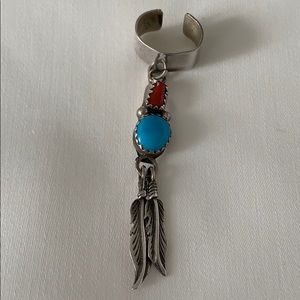 Sterling silver turquoise and coral ear cuff